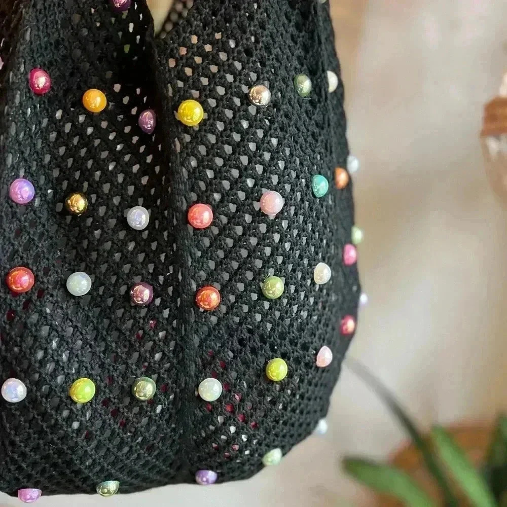 Boho Crochet Black Tote Bag with Colorful Beads - 15x12 Handmade Market Bag - Picture 2 of 9
